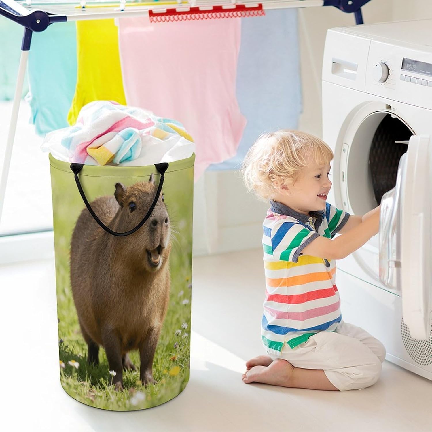 Funny Capybara Laundry Hamper with Handles Waterproof Collapsible Laundry Basket Large Lightweight Round Dirty Clothes Hamper for Home Dorm Bathroom Decor
