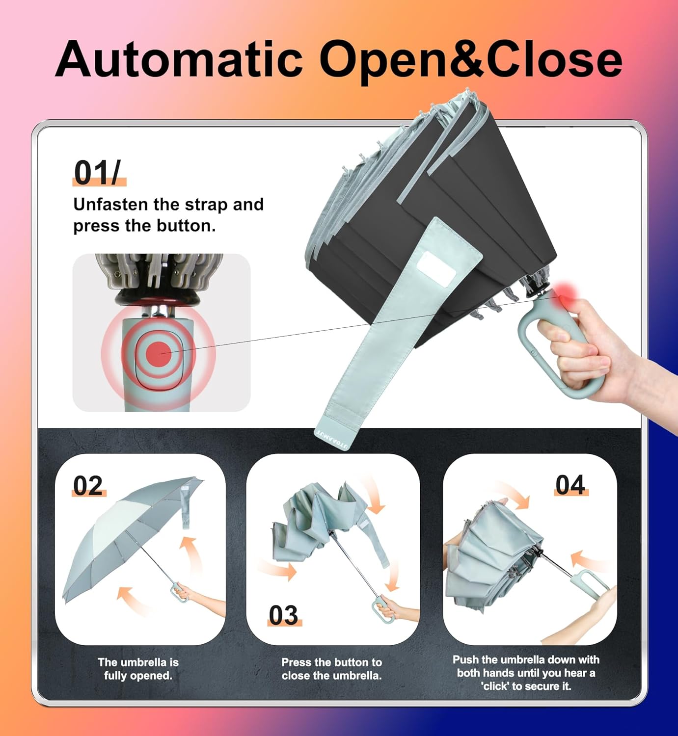 QWB TUMAAOTU Inverted Umbrella with Carabiner Handle, Compact Wind Proof Umbrellas For Rain and Sun Protection, Portable Reverse Folding Umbrella, Car Umbrella for Women Men, 10 Ribs - Image 5