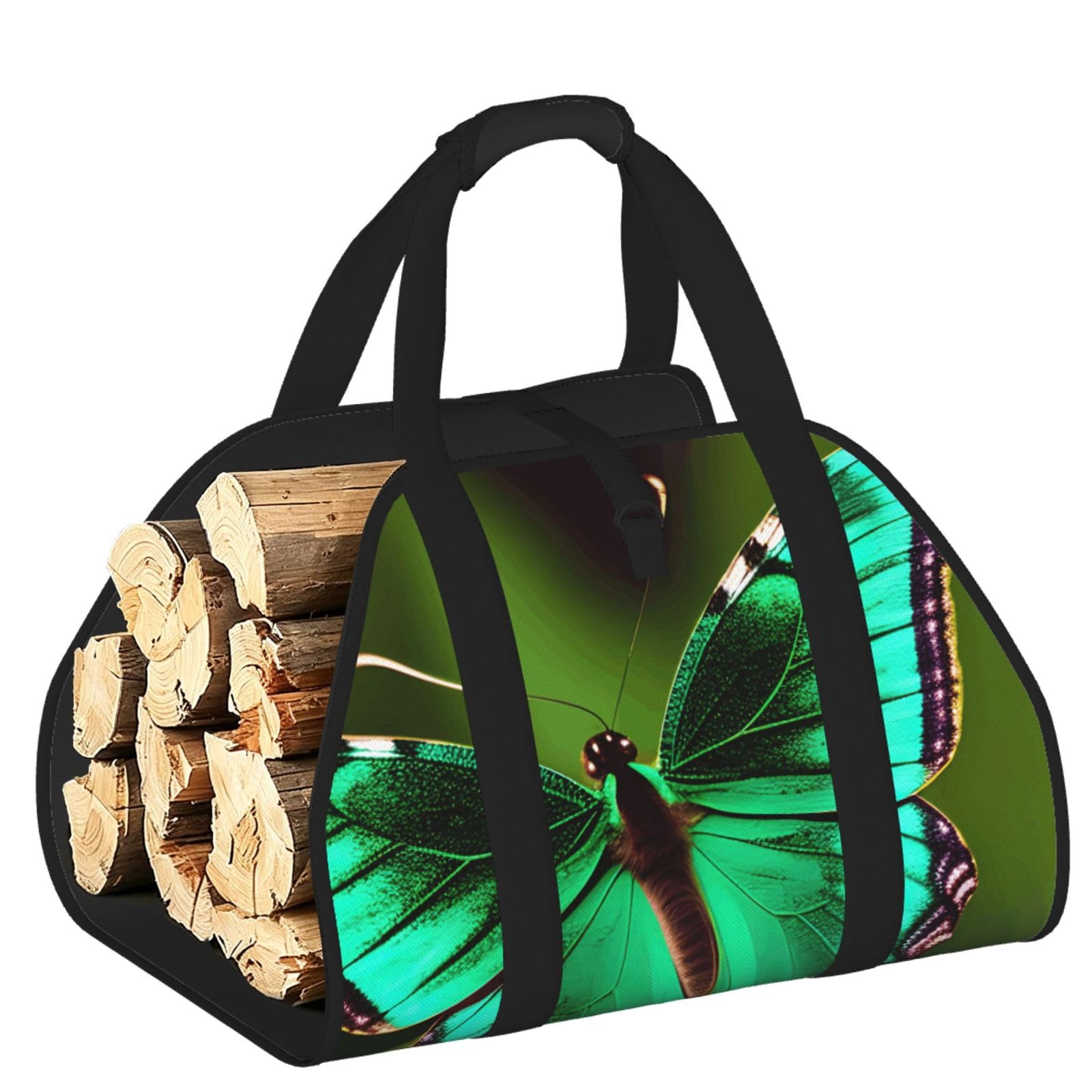 Ayyqwe Black Colorful Butterfly Print Firewood Bag Wood Waterproof Versatile Camping Picnic Storage Daily Home