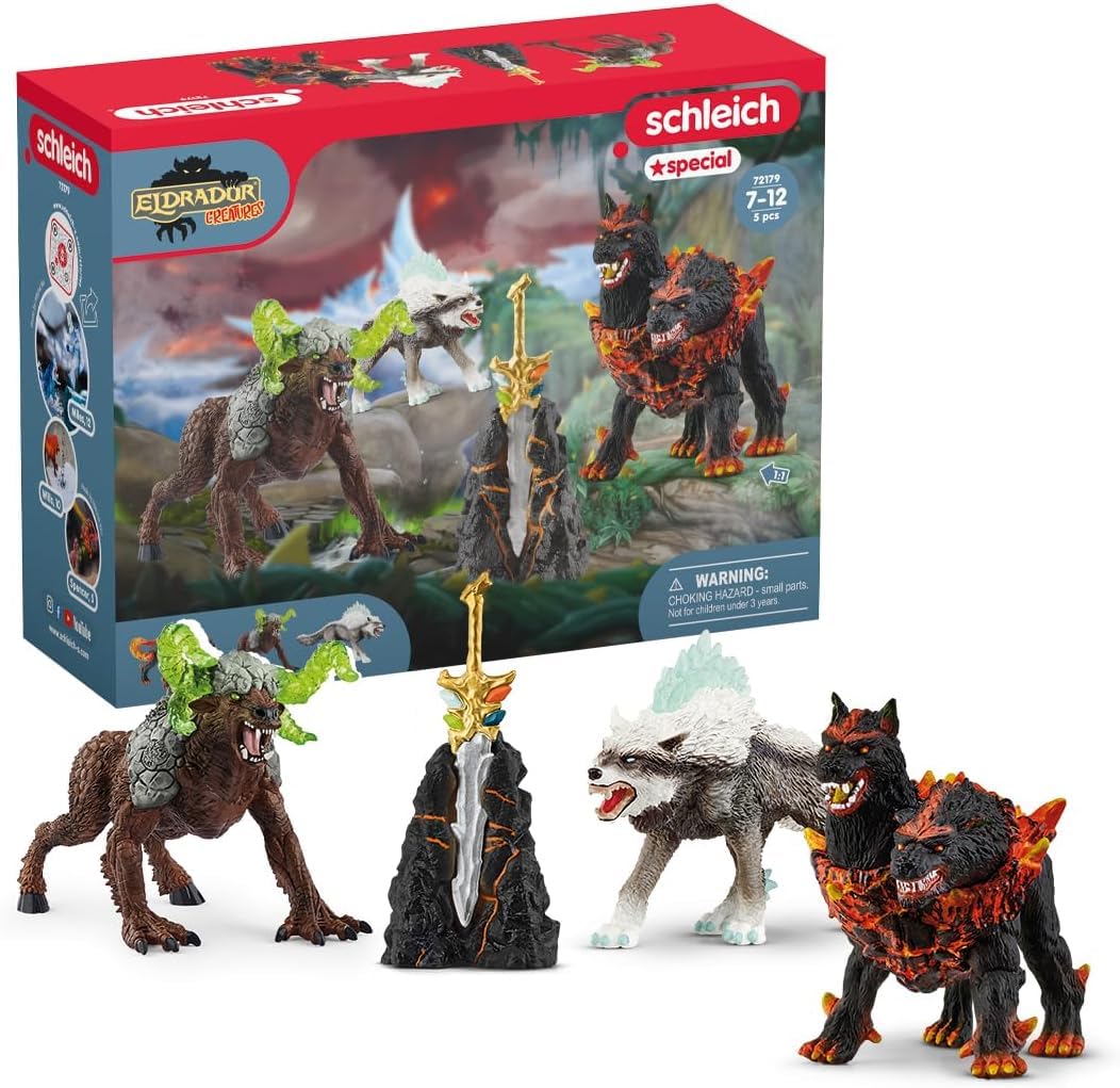 SCHLEICH Eldrador Creatures - 5 PC Fantasy Creature Set - Ice Wolf, Lava Hound, Rock Beast and Sword Figure Playset - Animal Monster Figurines for Boys and Girls - Durable Fun Toys for Kids Ages 7+