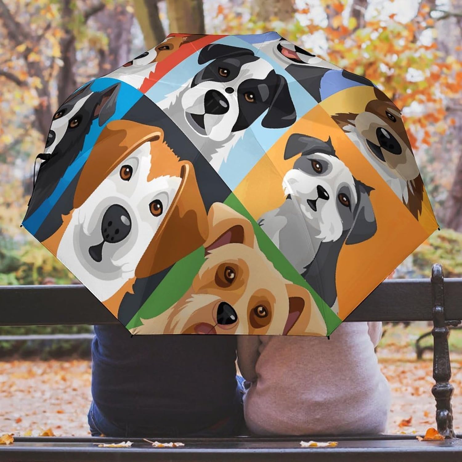 Dog Breeds Automatic Golf Umbrella Folding Umbrella | Windproof Travel Umbrella Portable Compact Umbrella with Storage Pouch for Golf Backpack Men Women