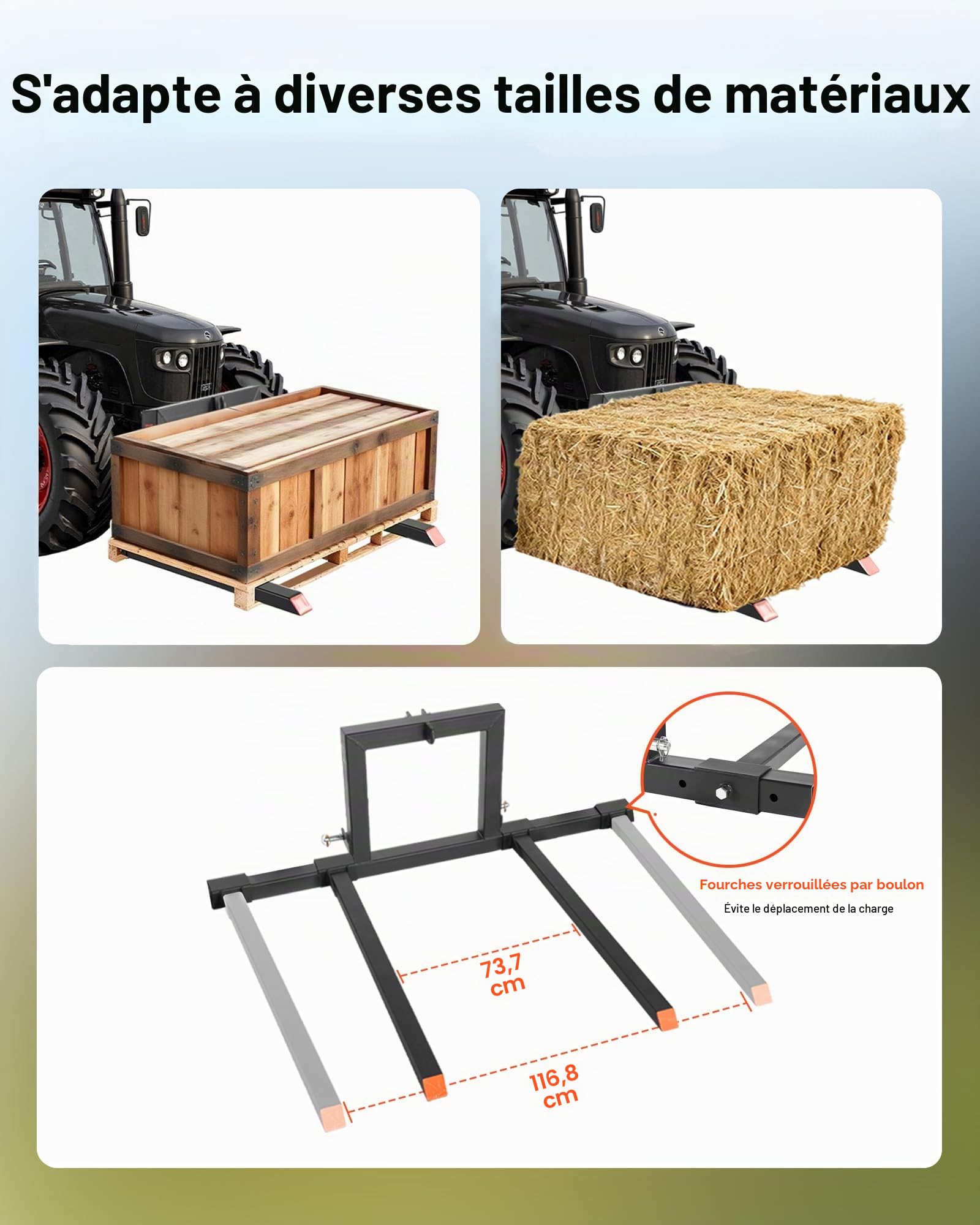 VEVOR Fourches à Palettes Attelage 3 Points Charge 680 kg Fourches à Palettes à Pince, Longueur Totale 128 cm, Largeur de Fourche Réglable 73,5-11,7 cm, Attache Rapide pour Tracteurs de Catégorie 1