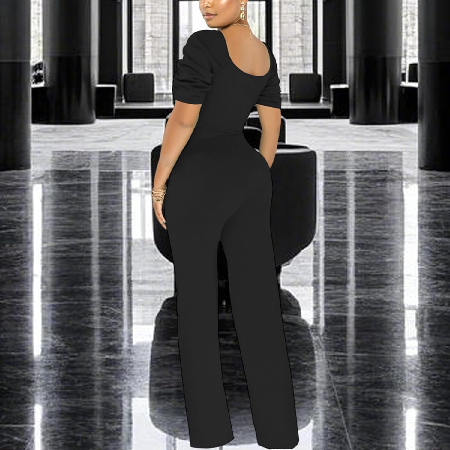 PaladMom Womens Elegant Plus Size Jumpsuits Sexy Back zipper Short Sleeve Mid Waist Wide Leg Straight Rompers - Image 2