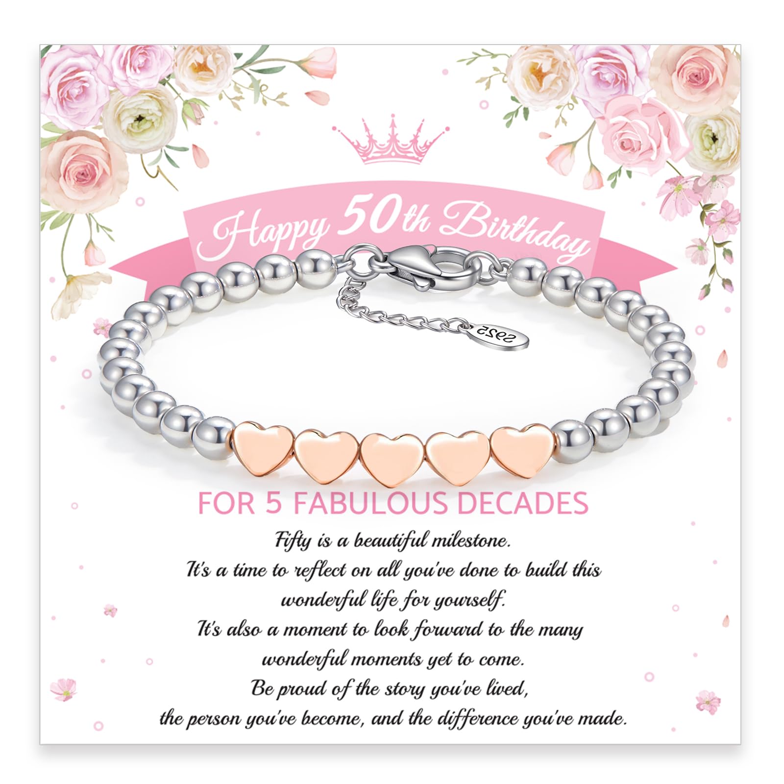 30th 40th 50th 60th 70th Bracelet for Women, Sterling Silver Bracelet with Rose Gold Heart, Adjustable Bracelets for Women Birthday Gifts Box/Card for Mum Daughter Bestie Grandma Girls