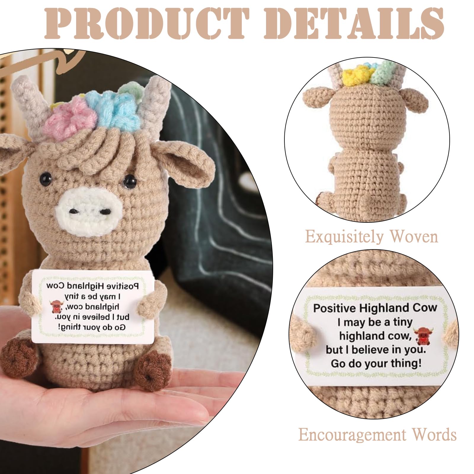 JNGTKL Highland Cow Knitted Toy - Woven Positive Emotional Gift - Crocheted Animal Ornament for Cheer, Khaki, 12cm x 8cm - Image 3