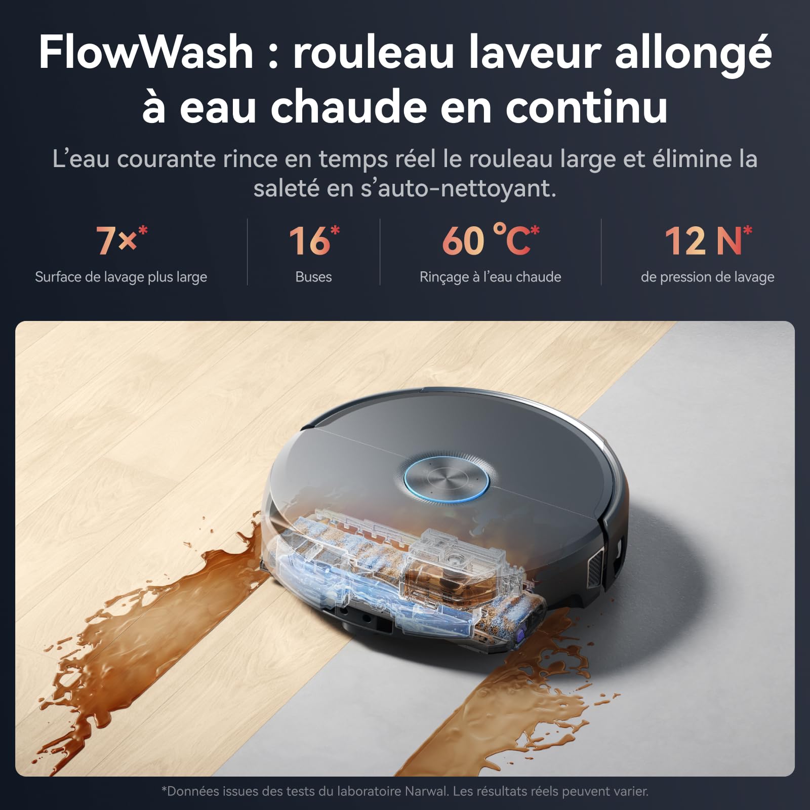 NARWAL Flow 2 Robot Aspirateur Laveur Tout-en-Un, Rouleau Laveur Allongé, Lavage FlowWash à 60 °C, Puissance d’Aspiration de 31 000 Pa, Technologie CarpetFocus™, Lavage de la Serpillière à 100 °C
