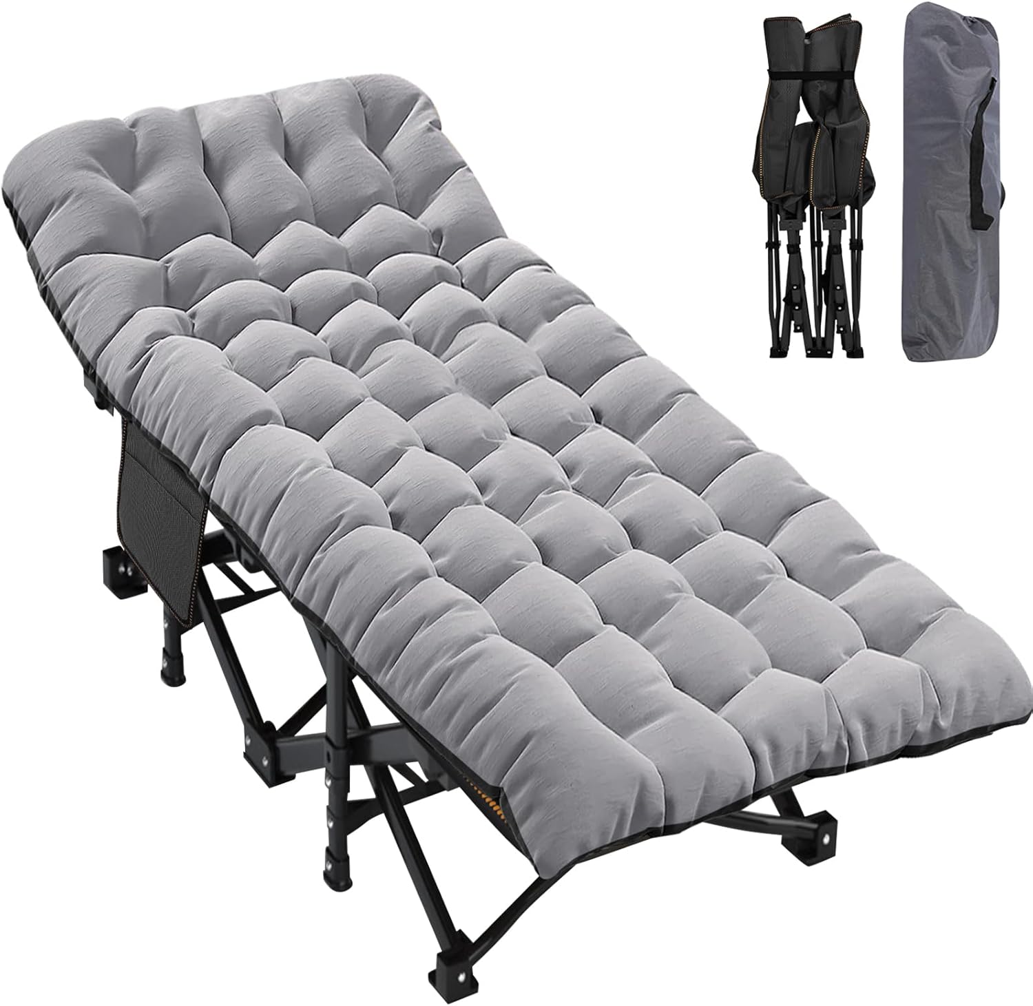 ABORON Foldable Camping Cots for Adults, Double Layer 1200D 500lb Loading Cot for Sleeping, Heavy Duty Guest Bed with Mattress Carrying Bag Home Camping Office Vacation Hospital Plus Size-black+grey Pad Oversized