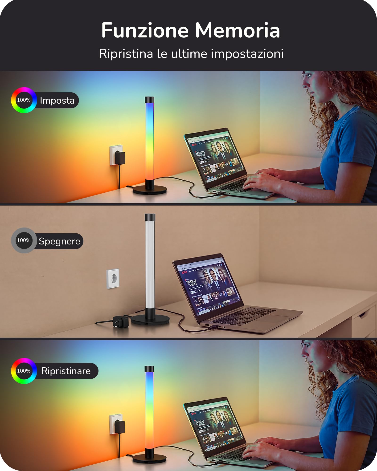 EDISHINE Lampada da Tavolo LED, RGB & Bianco Caldo, Sync Musicale, Nera
