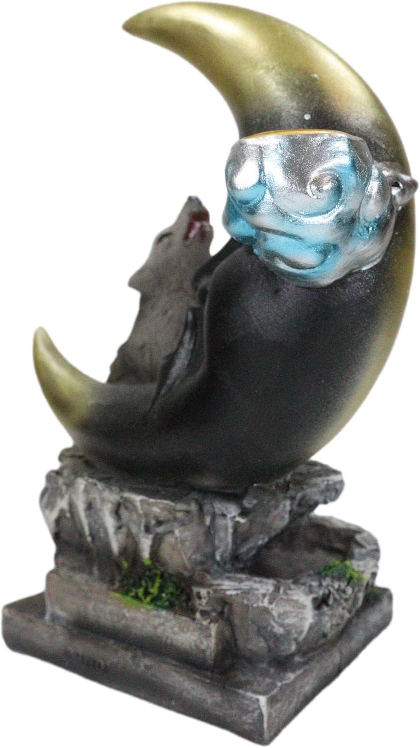 Ebros Gift Animal Totem Spirit Gray Howling Wolf Guardian of The Sacred Moon Backflow Cone Incense Burner Holder with Cascading Smoke Pool Waterfall Effect Figurine