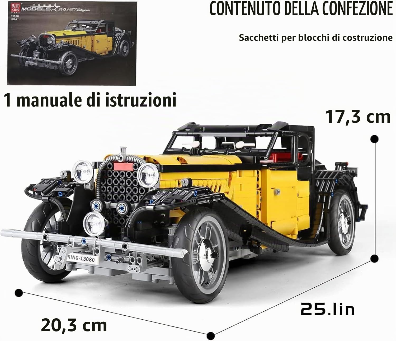 Mould King 13080 Technik Vintage Car, 3564 Pezzi Auto D'epoca, Modellino Auto da Costruire, Kit di Modellismo da Collezione (senza motore)