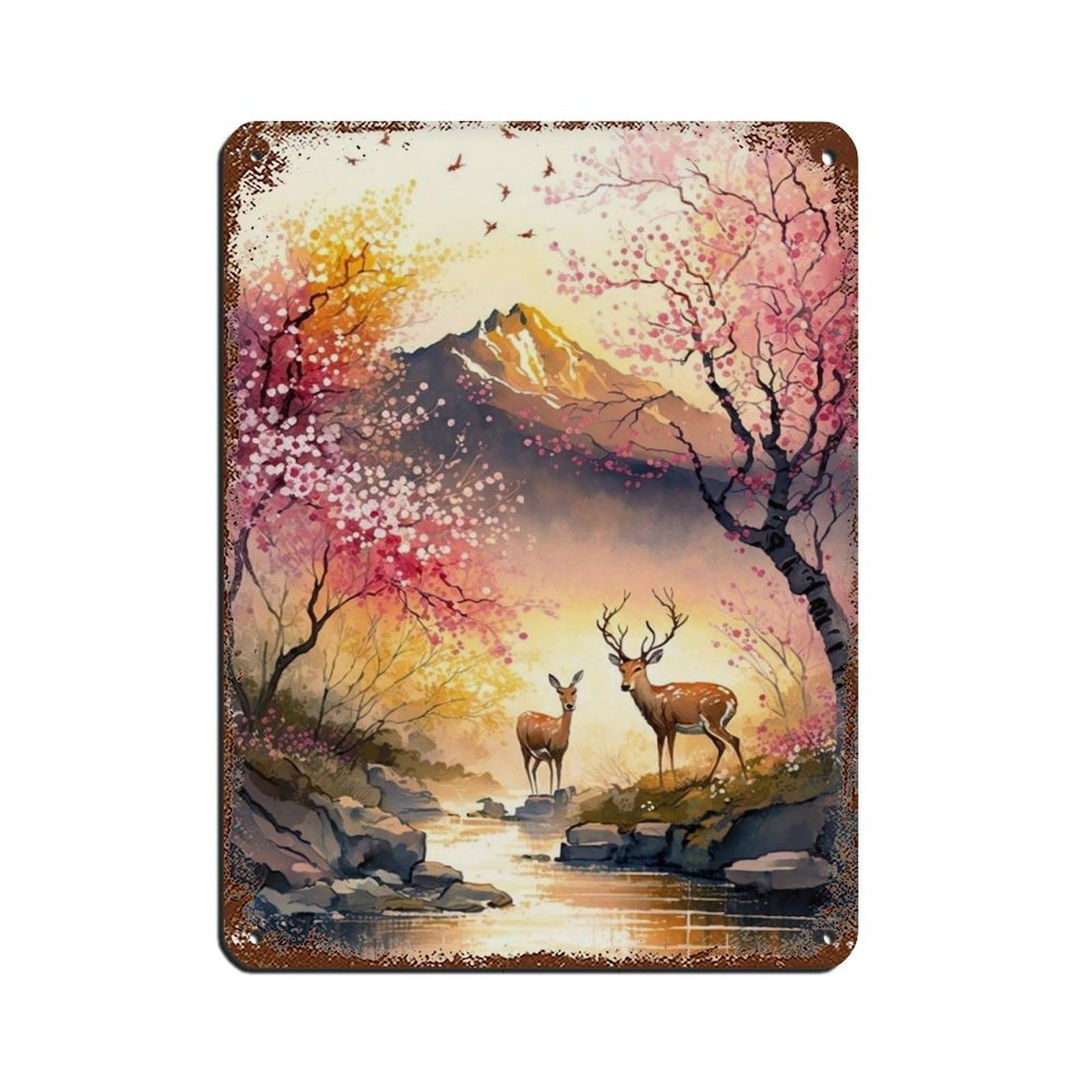 Sika Deers by The River,Japanese Landscape Retro Poster Metal Tin Sign Chic Art Retro Iron Painting Bar People Cave Cafe Family Garage Poster Wall Decoration 12x16inch(30x40cm)