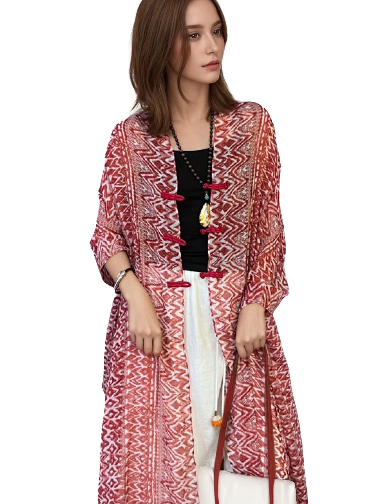 CCAIPU Kimono for Women Summer Bohemian Swimsuit Coverup Lightweight Cardigans for Swimwear Floral Beach Cover Shawl Top (Red)