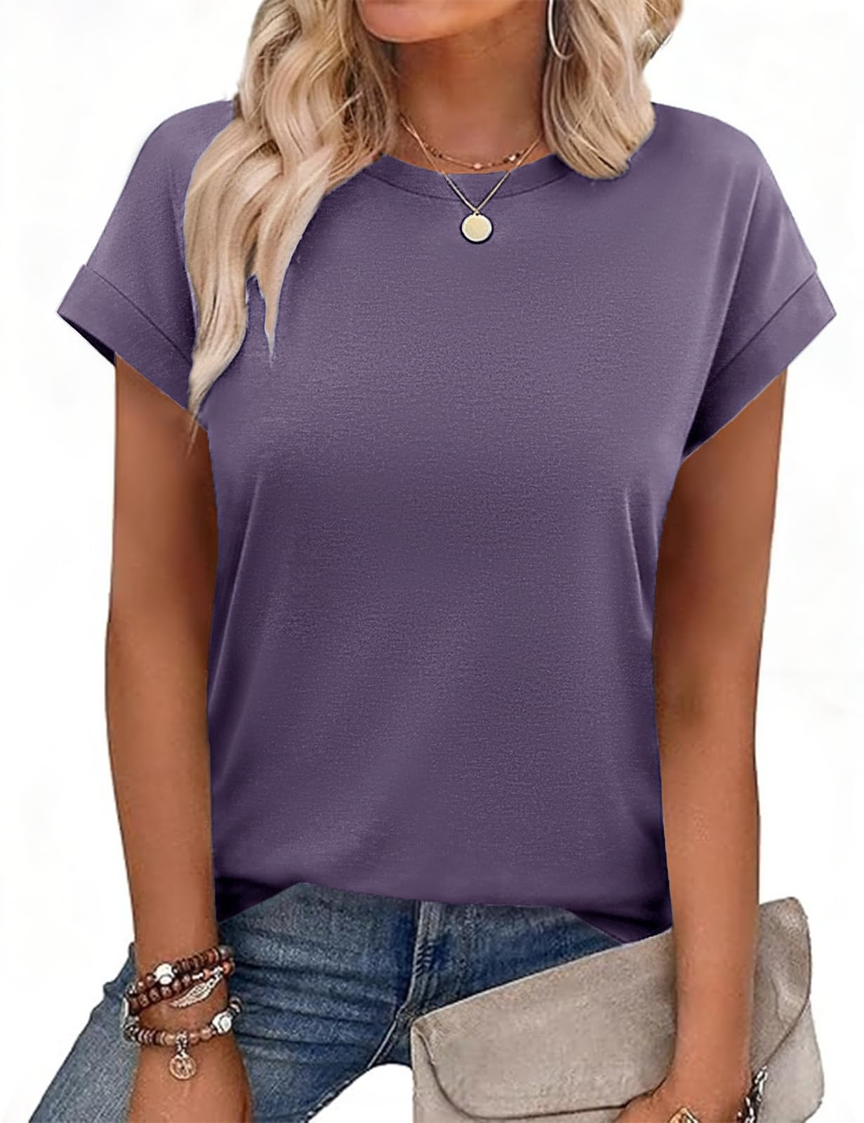 PASUDA Tshirt Damen Tops Sommer Rundhals Oberteile Basic Kurzarm Tee Casual Einfarbig Shirts Business Outfit