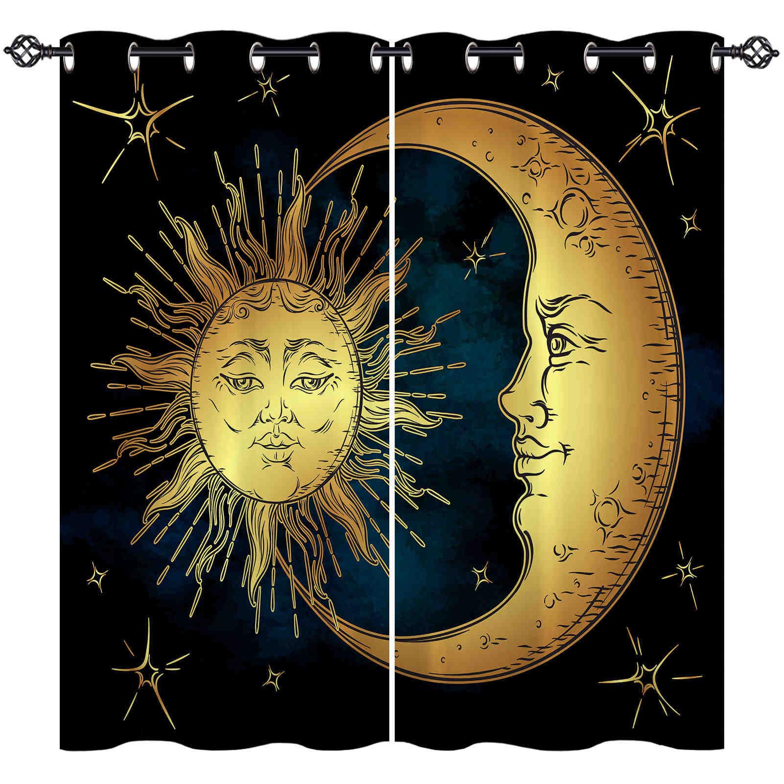 ANHOPE Bohemian Style Curtains Eyelet Blackout Thermal Insulated Curtains Boho Golden Sun Moon Stars Print Pattern Soft Soundproof Privacy Window Drapes for Bedroom Living Room 55 x 69 Inch 2 Panels