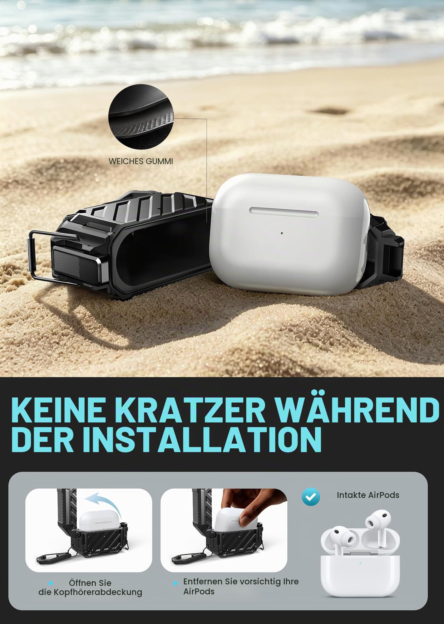 SUPCASE für AirPods Pro 3 Hülle mit Schloss und Karabiner, [IP68 Wasserdicht] [Schutz in Militärqualität] [Unterstützt kabelloses Laden] Kratzfest Schutzhülle​​ Hardcase für AirPods Pro 3 (Schwarz)