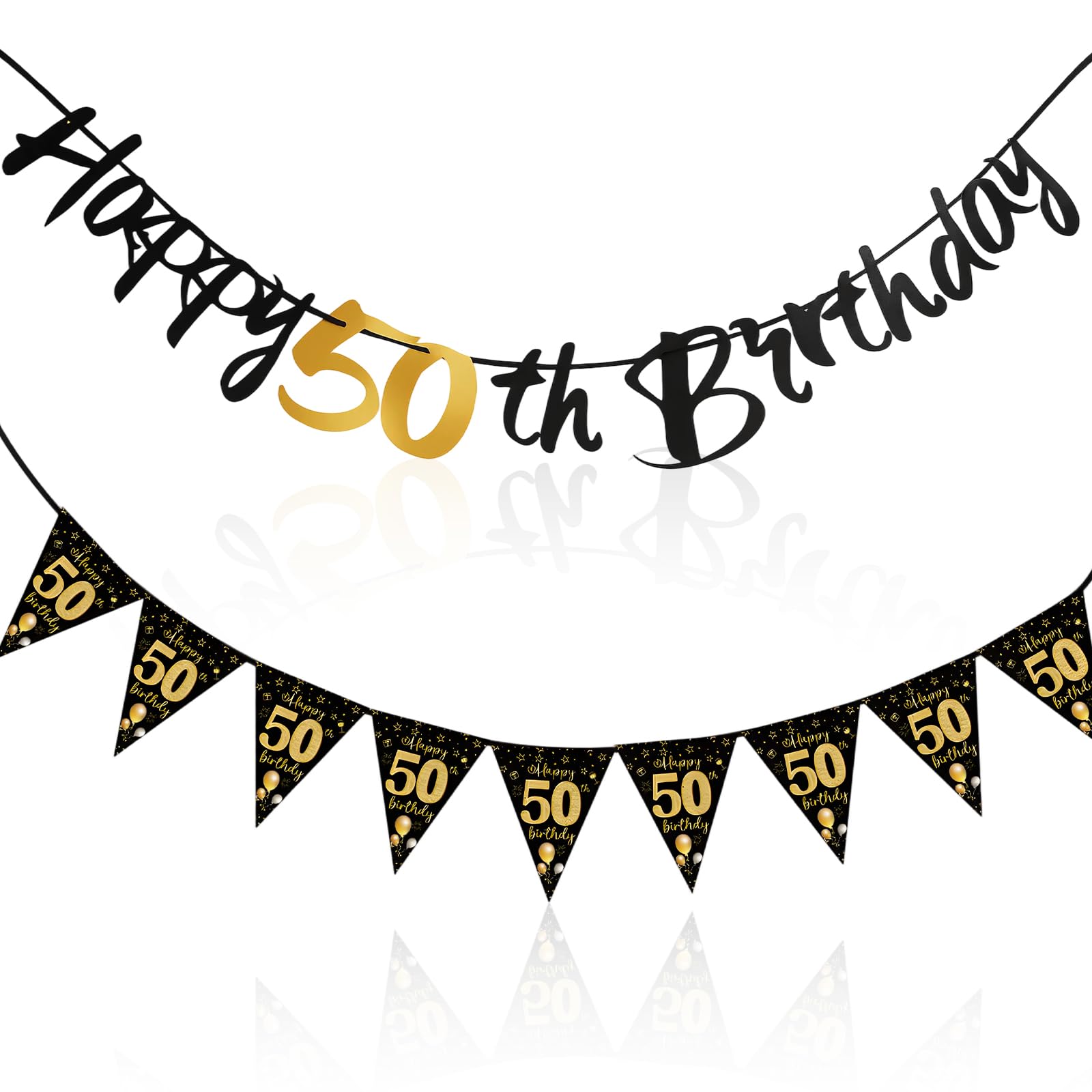 2 Pack Happy 50th Birthday Banner, 50th Birthday Decorations, Black Gold Party Number Banners with Triangle Flags, 50 Banners for Men, Anniversary Celebration Supplies
