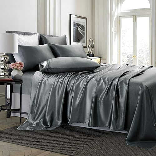 Miniatura 2 de TREELY Juego de sábanas de satén de 6 piezas tamaño matrimonial con bolsillo profundo, sábana bajera, sábana encimera, 4 fundas de almohada