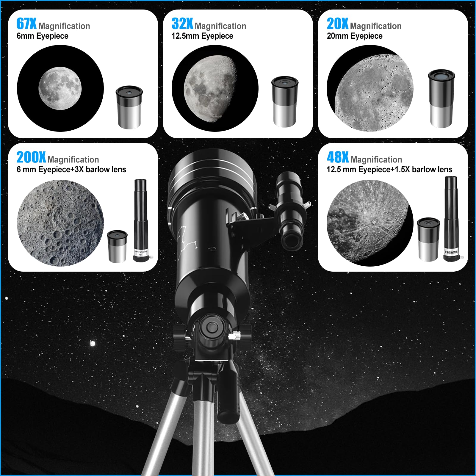 Telescopio Astronómicos Niños Adultos, Telescopio Portátil de Viaje Profesional 70mm de Apertura/400mm, 200x, con Trípode, Adaptador Teléfono, Bolsa para Principiantes Observación Terrestre Lunar Sol