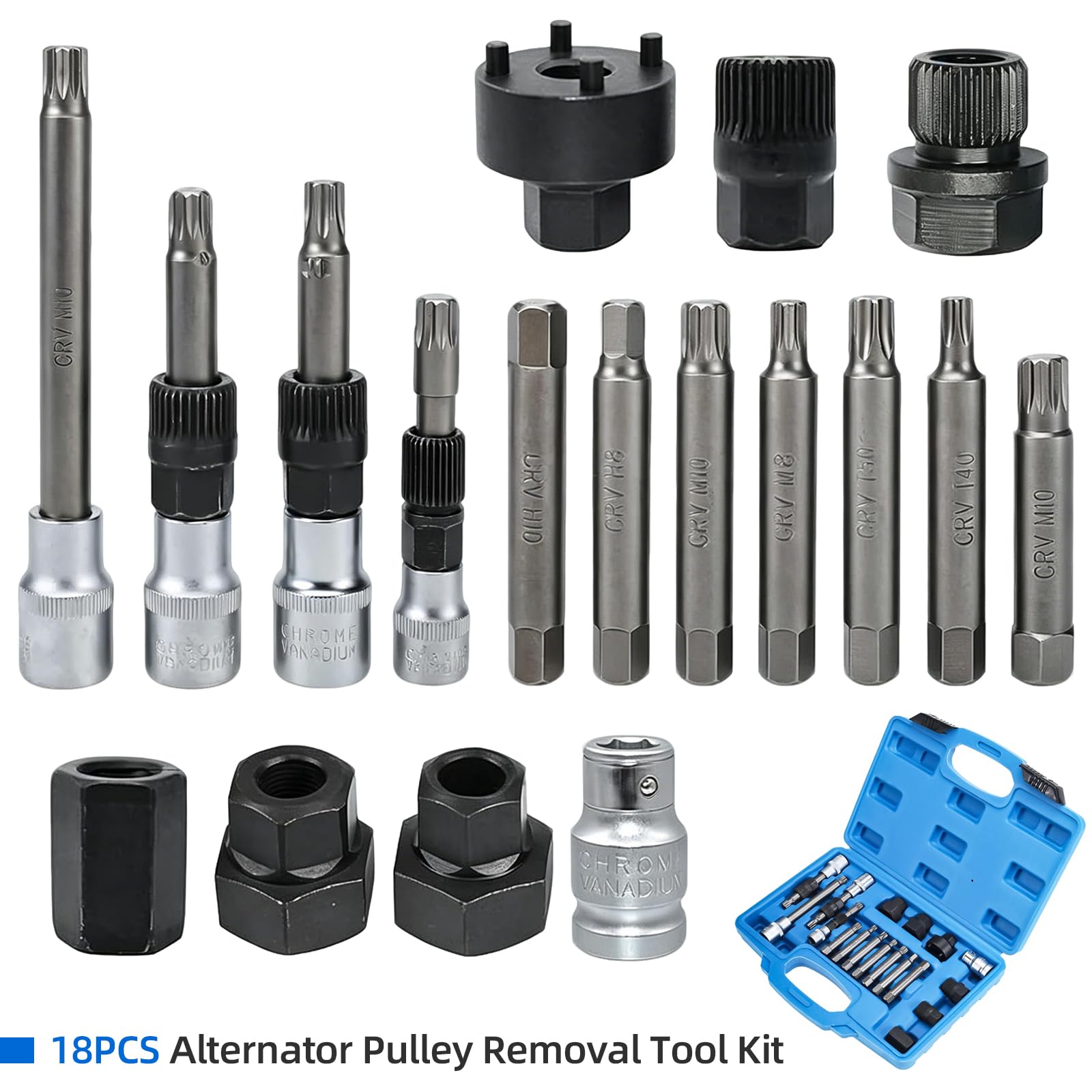 BOOMSTART 18 Pièces Extracteur Poulie Alternateur, 1/2" Coffret Douille Poulies Alternateur, Outil Clé Demonte Arrache Poulie Alternateurs avec 33 Dents T40 T50 pour VW Audi VAG (Bleu)
