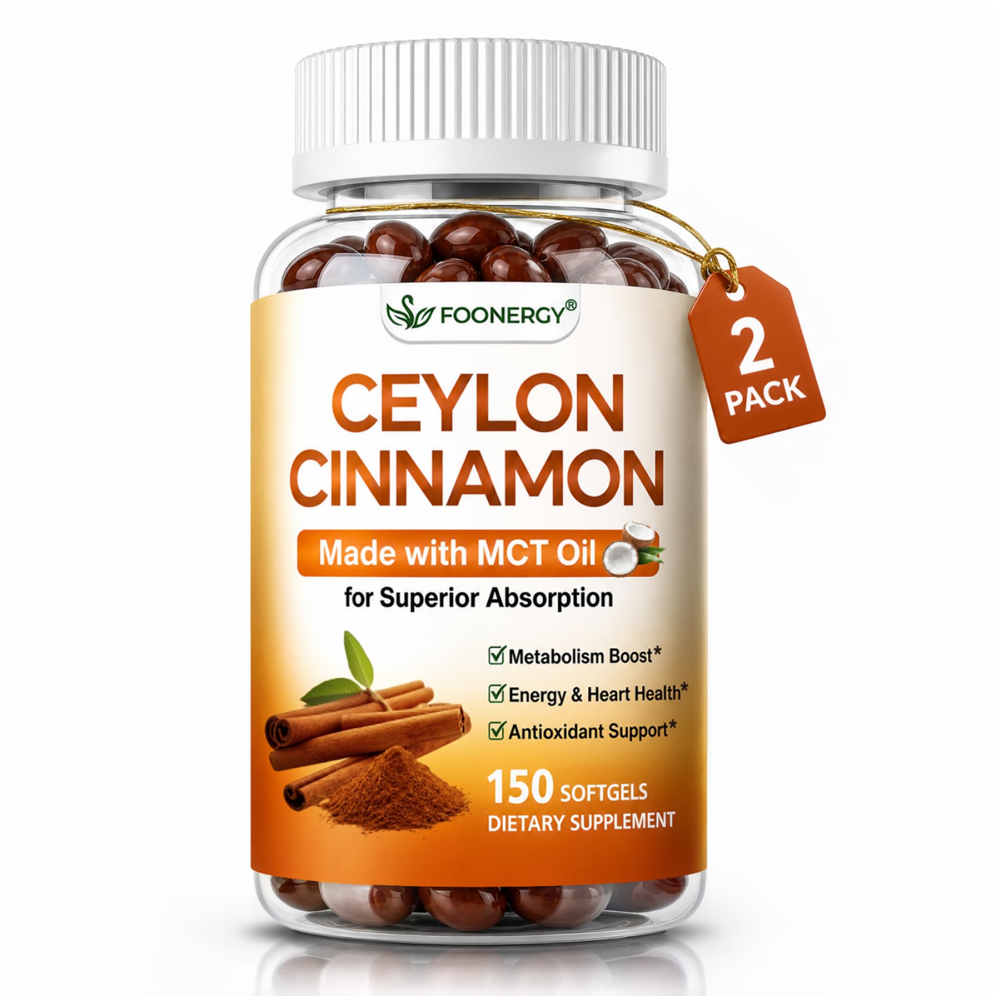 Ceylon Cinnamon Supplement 1200mg with MCT Oil, Highly Bioavailable Ceylon Cinnamon Capsules, Supports Metabolism, Antioxidant, Energy & Overall Health for Men & Women, Gluten Free, 2Pack