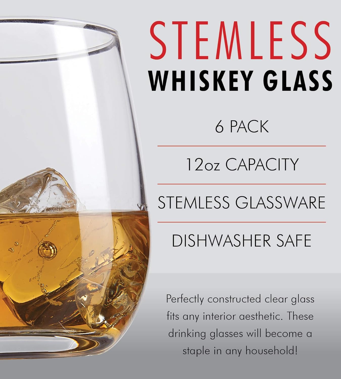 Kitchen Lux 12oz Drinking Glass Tumbler – Set of 6 – Premium Clear Glasses For Wine, Shots, Cocktails, Scotch and All Purpose Drinking Cups – Elegant Stemless Design – Dishwasher Safe