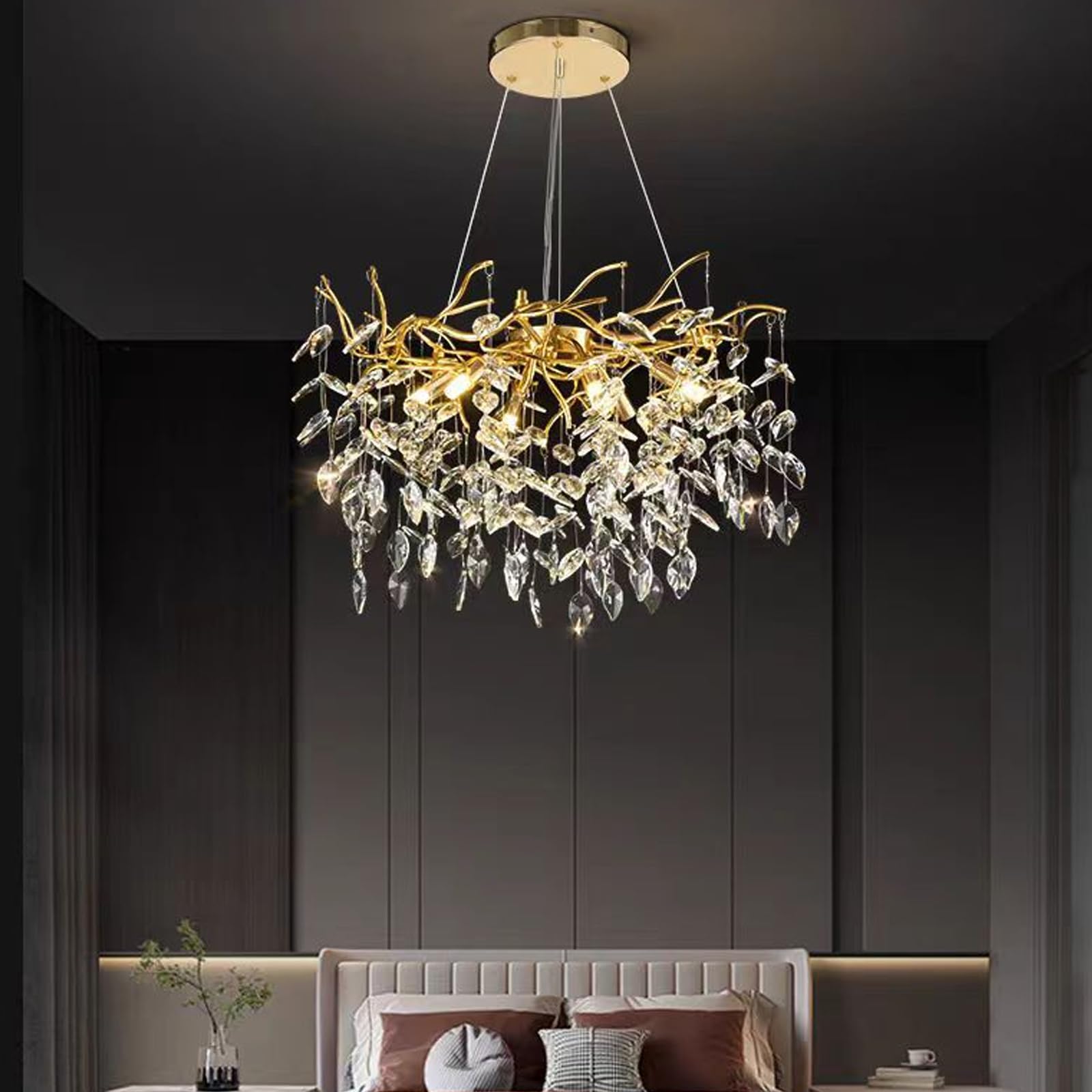 HYJAUSXB Modern Crystal Chandelier Gold Tree Branch Ceiling Light Fixtures,Crystal Closet Lighting Linear Large Foyer for Kitchen Living Room Dining HotelsGold,D100CM