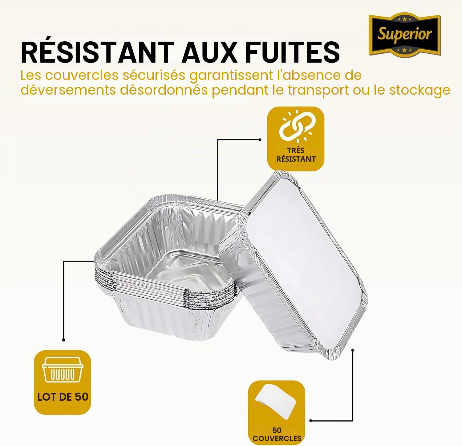 Superior Lot de 50 récipients en aluminium avec couvercles – 0,5 L – Plateaux alimentaires pour la préparation des repas, plateaux en aluminium pour la cuisson, le rôtissage, les plats à emporter et