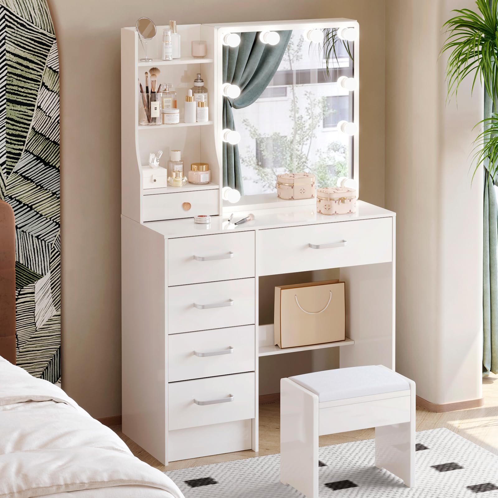 Puselo Tocador de Maquillaje con Espejo y Taburete, 3 Modos de Luz, Tocador Moderno con 6 Cajones y 6 Estantes, Mesa de Tocador para Dormitorio MDF Blanco, 80x36x130cm PT7