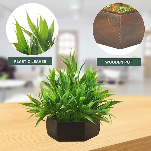 Miniatura 4 de Planta artificial de hojas de bambú (verde) con maceta hexagonal de madera (marrón), altura 7.9 in, plantas artificiales para decoración del hogar,