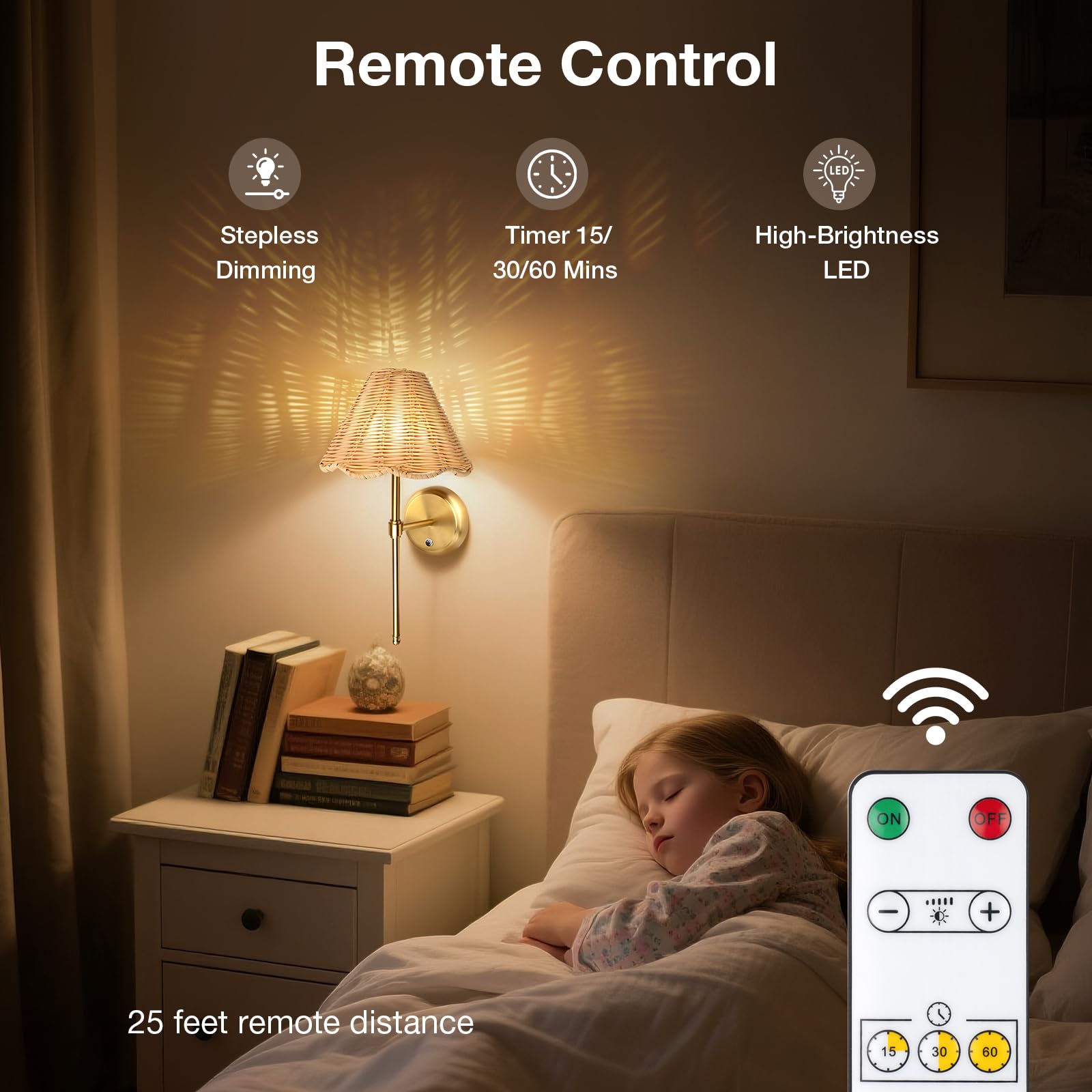 Juego de 2 apliques de pared de ratán bohemio que funcionan con pilas, lámpara de pared magnética de atenuación continua, batería recargable de 5200 mAh y LED integrado, para sala de estar