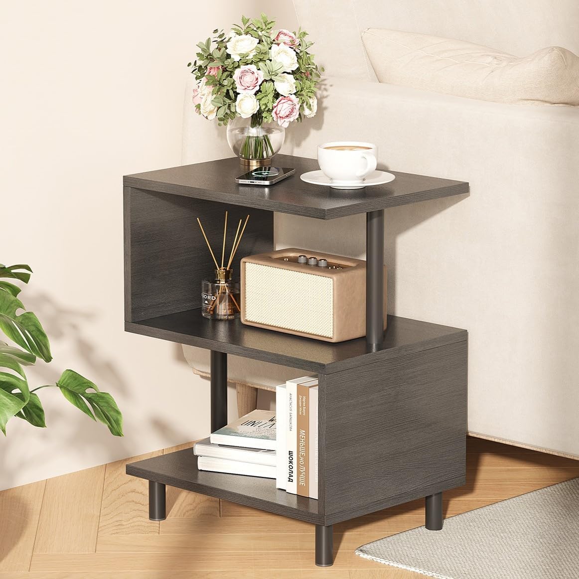 Apicizon S-Shaped Side Table, 3-Tier Nightstand with Solid Wood Legs, Slim Bedside Table with Storage Shelf, Modern End Table for Small Spaces, Bedroom, Living Room, Entryway, Black