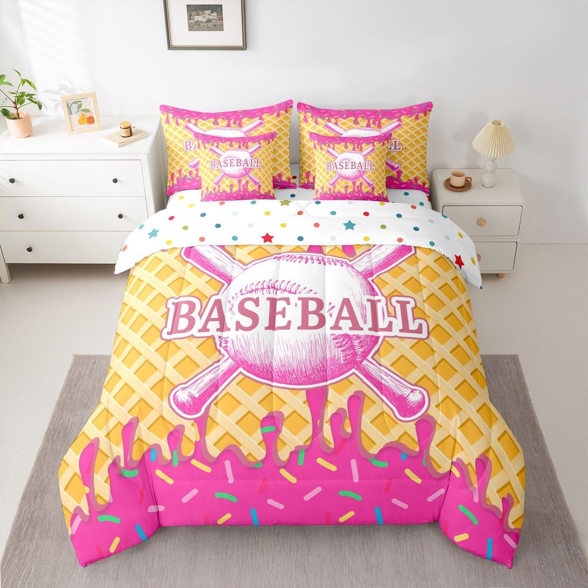 Erosebridal Baseball 7 Piece Bedding Set Teens Sport Ice Cream Bed in A Bag Queen Size Baseball Gaming Comforter Set for Kids Boys Adult Room Cute Colorful Dessert Candy Sheet Sets, Yellow Hot Pink image 4