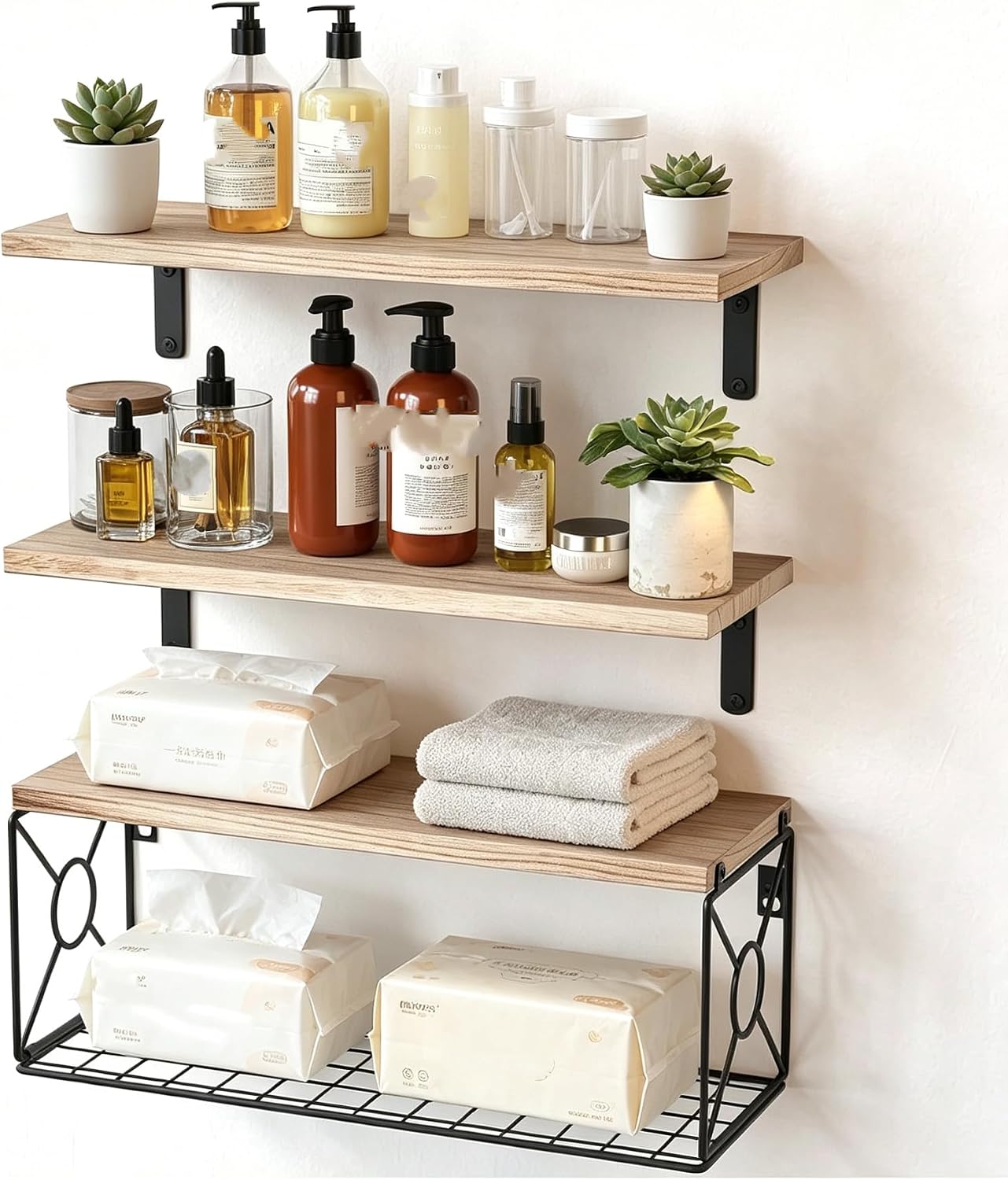 Wood and Metal Wall-Mounted Floating Shelf — Suitable for Bathroom or Kitchen Storage; American Farmhouse Style Decor; Makes Full use of unused Space.