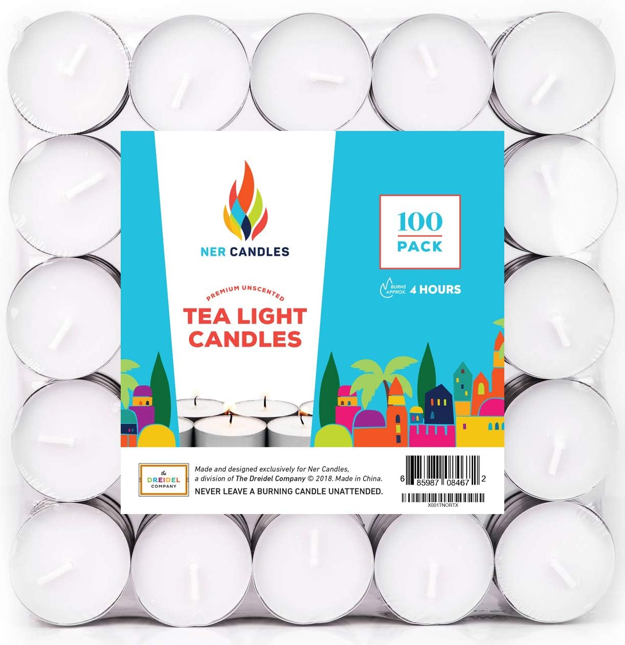 Ner Candles White Unscented Tea Lights- Smokeless, Drip less, Long Lasting Flames- Center Pieces for Dinners and Events- European Wax Flame- Bulk Pack (100 Candles)