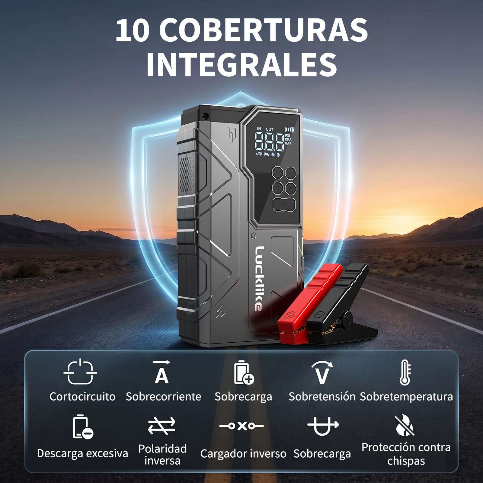 Lucklike Arrancador de Baterías de Coche con Compresor, 12V Jump Starter | 150PSI Arrancador de Coches para Vehículo (Todo Gasolina o 12L Diésel), con Pantalla LCD, Luz LED 800LM de Emergencia