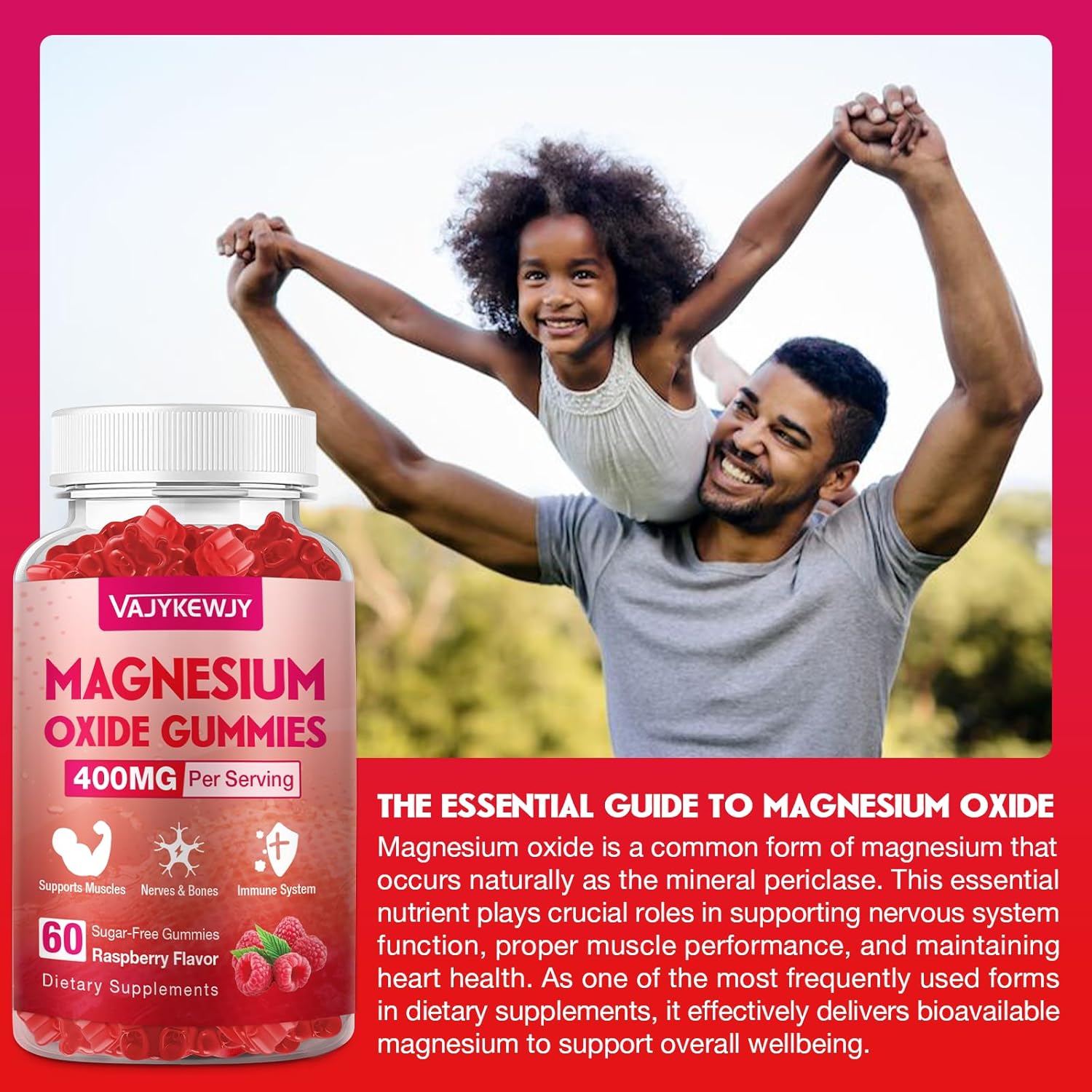 Magnesium Oxide Gummies 400mg for Adults & Kids – High Absorption Stress Relief, Muscle Relaxation – Vegan, Non-GMO, Raspberry Flavor – 120 Count