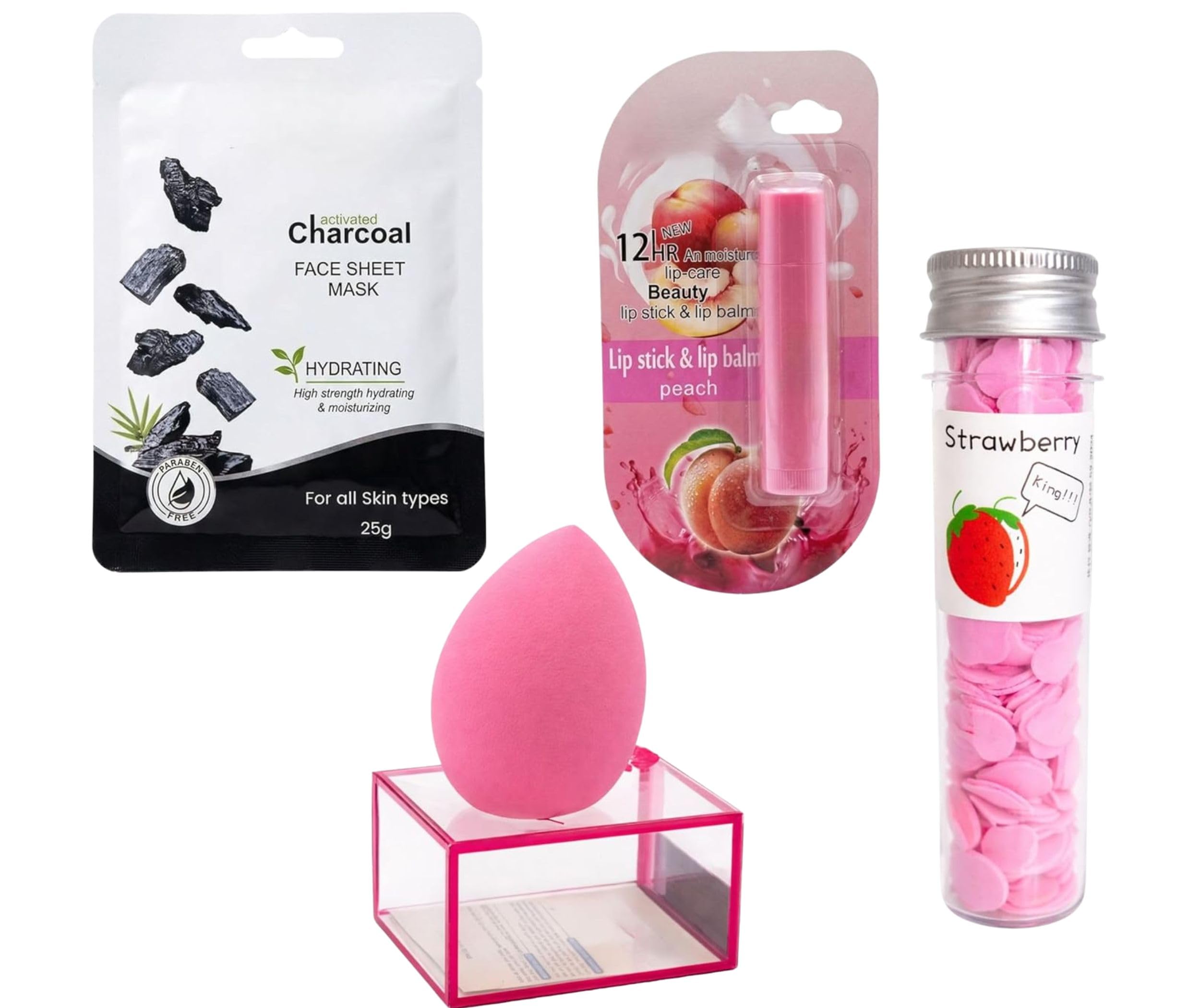 4-in-1 Self-Care Essentials Combo Kit for Women | Includes Activated Charcoal Sheet Mask (25g), 12HR Peach Lip Balm, Portable Strawberry Paper Soap Sheets Tube & Pink Beauty Blender Sponge with Acrylic Case-image-38
