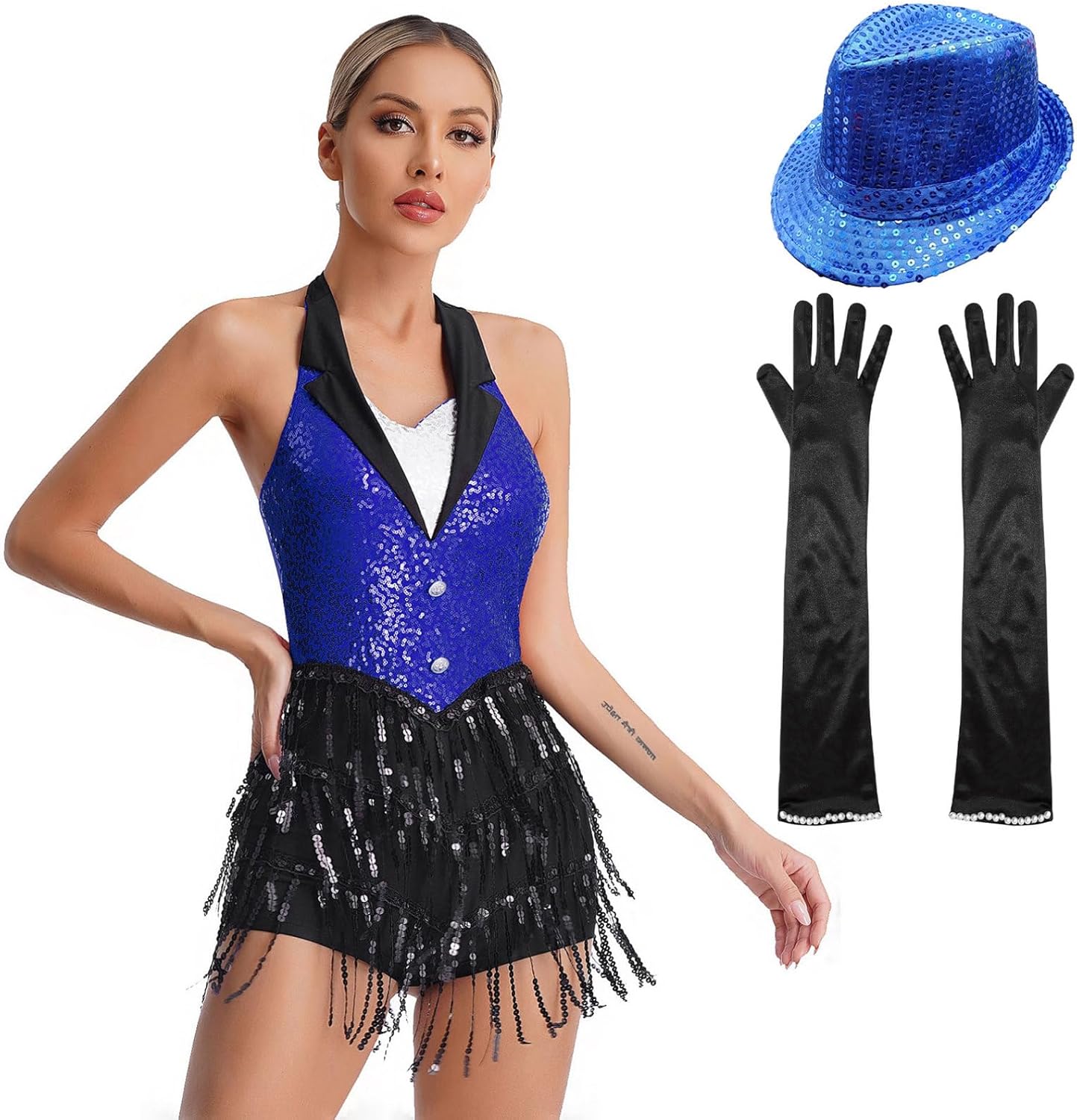 Women Sparkly Sequins Latin Jazz Dance Costume Tuxedo Ballet Gymnastics Leotard Ballroom Dance Dress