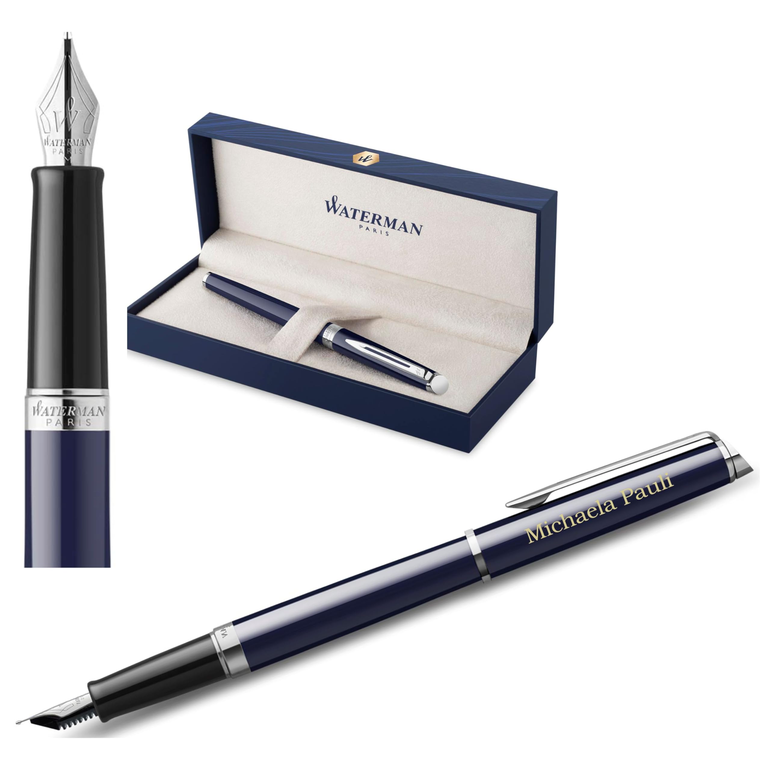 Waterman Hémisphère Engraved Fountain Pen - Personalised Gift for Men & Women - Blue Ink, Medium Nib, Elegant Design Inspired by Paris Fashion (BLUE C.C.)