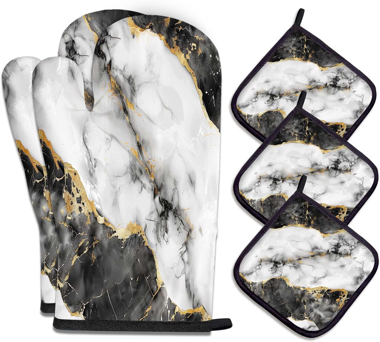 MCALK 5 Pcs Blue Oven Mitts and Pot Holders Sets, Marble Oven Gloves and Hot Pads for Kitchen Cooking, Modern Art Oven Mitt Potholder is Both Functional and Decorative