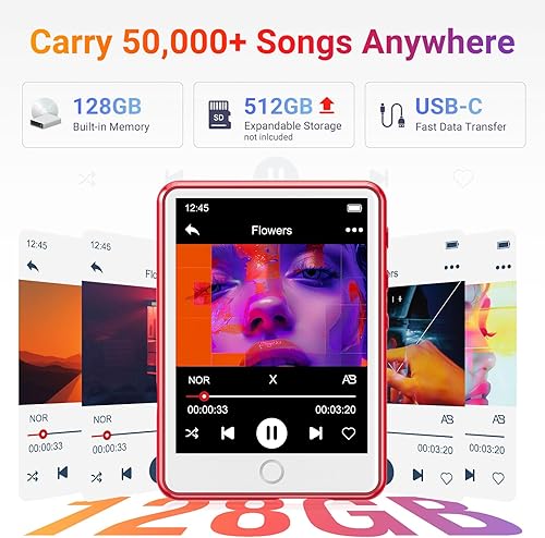 Miniatura 3 de Reproductor MP3 de 128 GB Bluetooth 5.3 con pantalla táctil completa de 2.4 pulgadas, reproductor de música digital portátil MECHEN con altavoz HD,