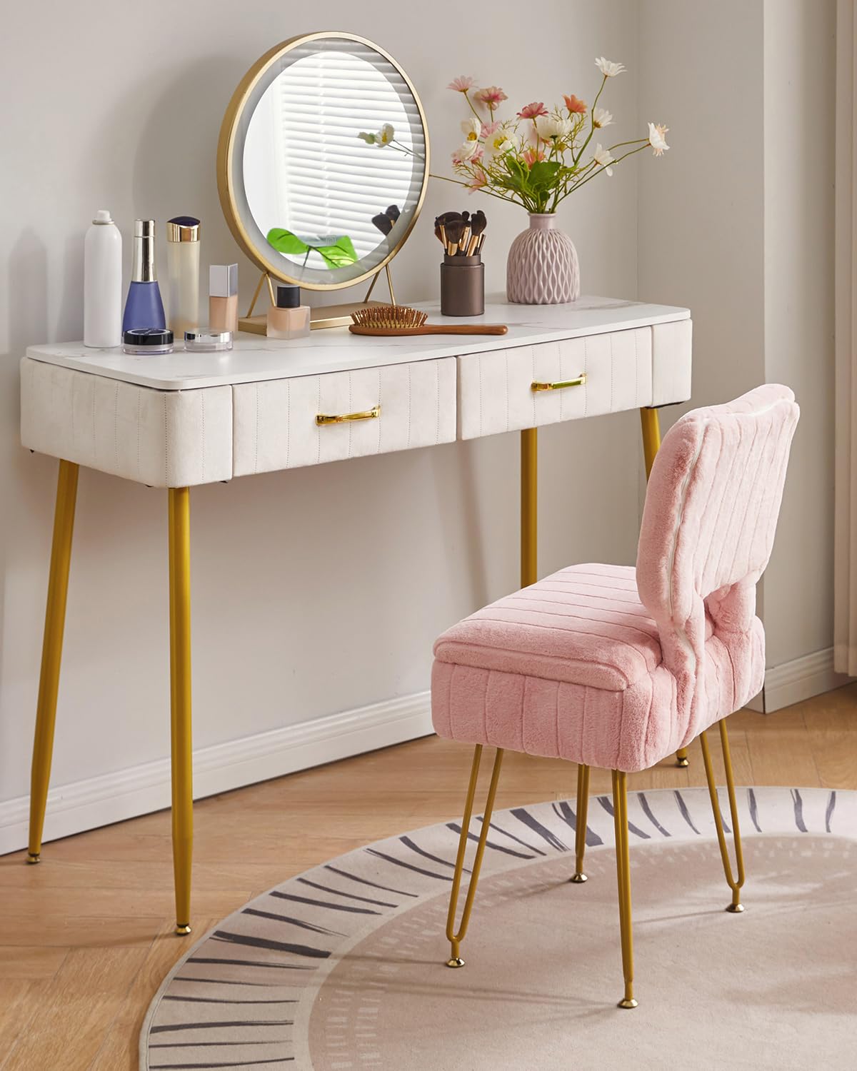 IBUYKE sedia da vanità rettangolare con stoccaggio, piccola sedia da trucco pieghevole, 42 * 31 * 72 cm, sgabello ottomano in velluto carino per il soggiorno, con piedi antiscivolo, rosa WBD030P