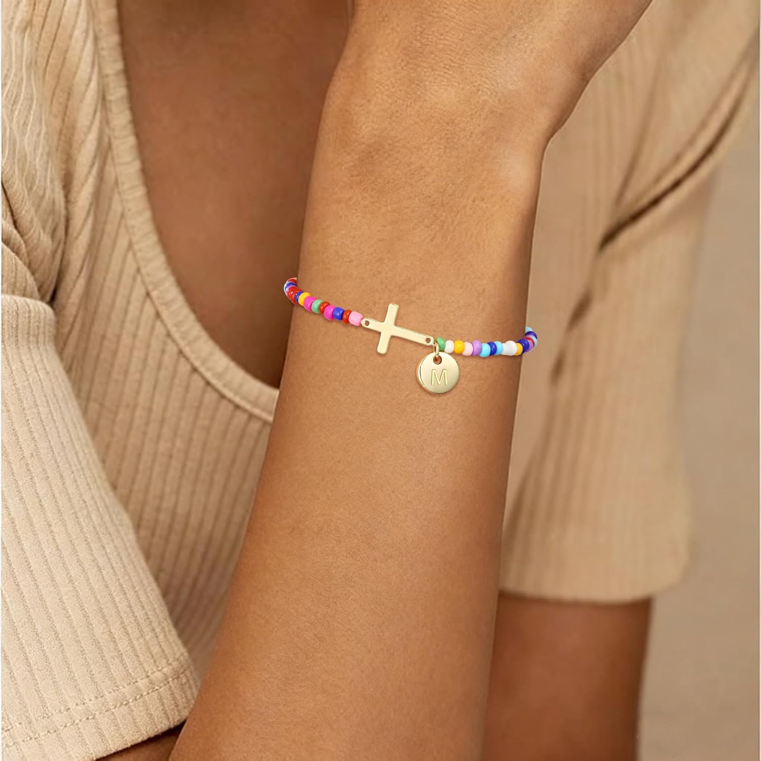 Cross Initial A-Z Bracelets for Girls Kids Women, Colorful Beaded Letter Disc Pendant Bracelet Easter Birthday Christian Religious Jewelry Gifts for Her - Image 5