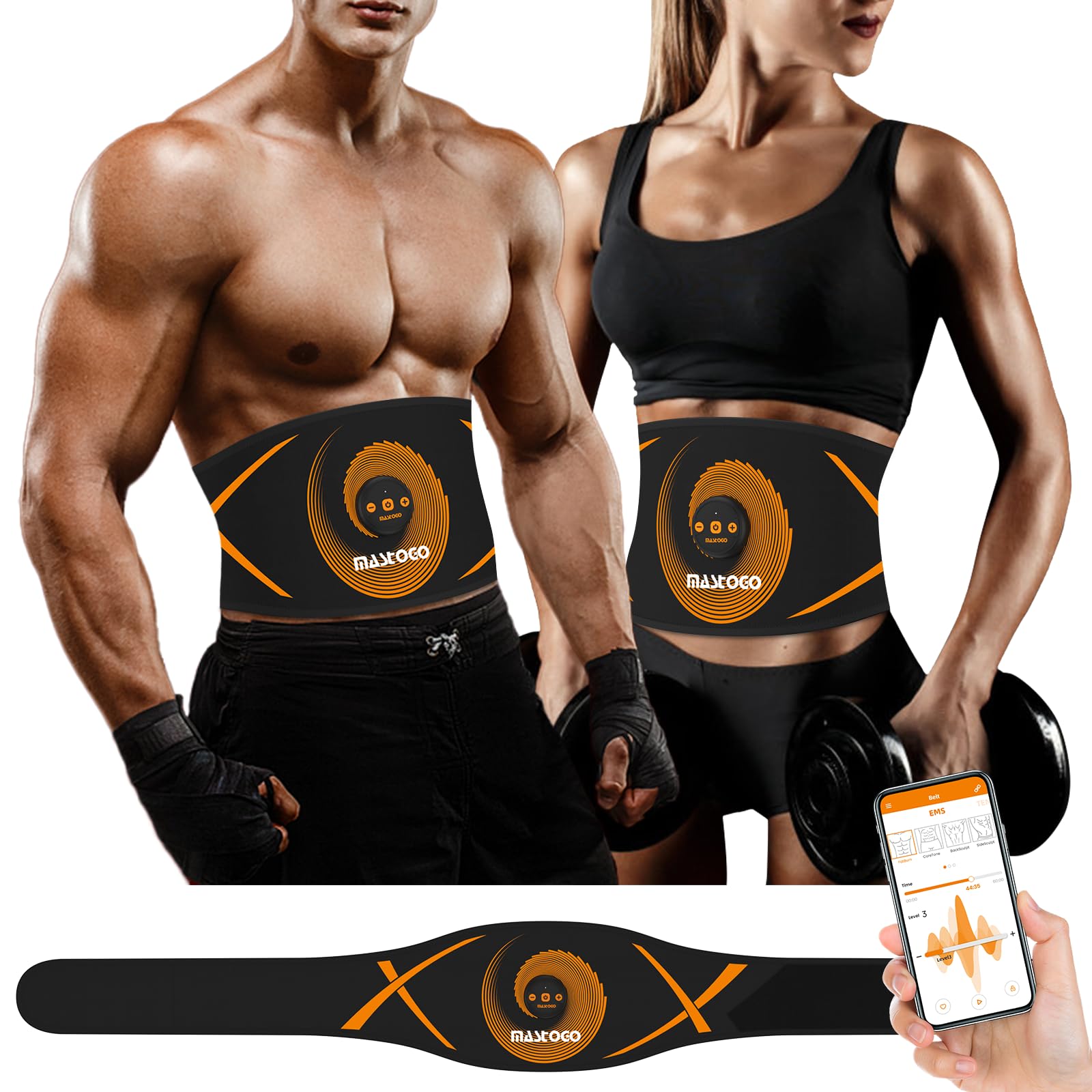 'Adjustable Plus Size Ab Stimulator Muscle Toner Belt - 35-53'' Waist, App-Controlled, 12 Modes, TENS EMS MASS, 25 Levels'