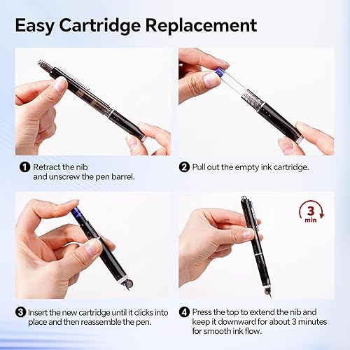 Miniatura 2 de WRITECH Clictek Pluma Estilográfica Retráctil: Plumín Medio Tinta Azul Barril Transparente Incluye 5 Cartuchos de Tinta Recargables, Escritura Suave