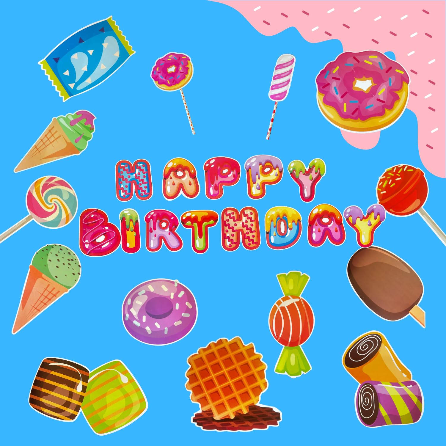 FI - FLICK IN 15Pcs Happy Birthday Candyland Theme Party Decoration Set Cutouts Props Banner(Cardstock) Ice Cream Donut Theme Birthday Decoration Items(Pack of 15) 4