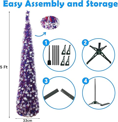 Miniatura 7 de Árbol de decoración del 4 de julio, árbol de Navidad patriótico desplegable, árbol de Navidad de oropel de 5 pies, adornos de estrella de
