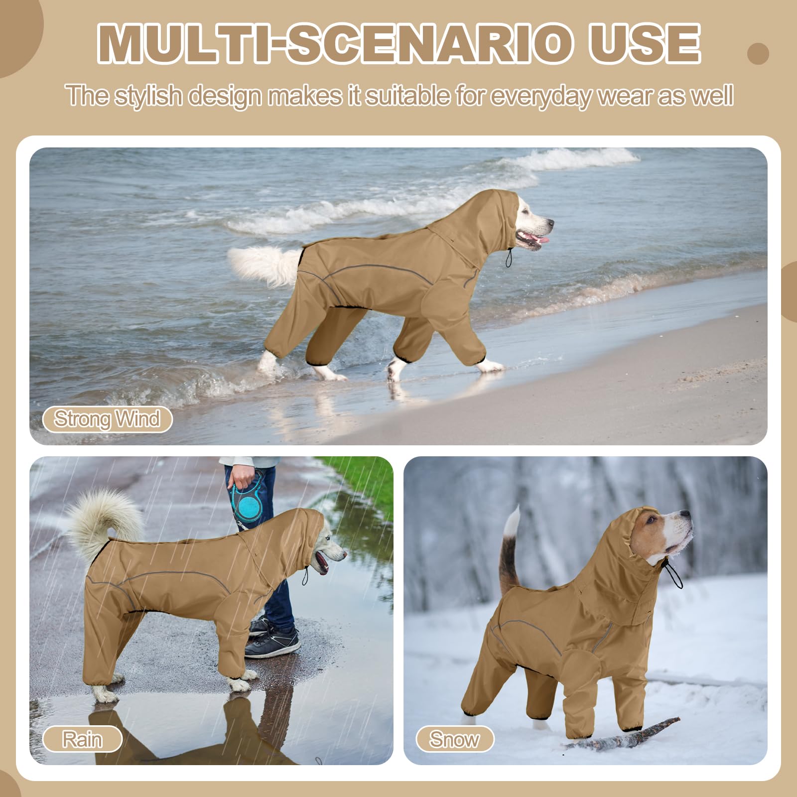 Hunde-Regenmantel, wasserdichte Hunde-Regenjacke mit Abnehmbarer Kapuze, Verstellbarer 4-Beine-Haustier-Poncho mit Leinenloch, reflektierende Streifen, Kapuzen-Schneeschutz, Winddichte Kleidung für