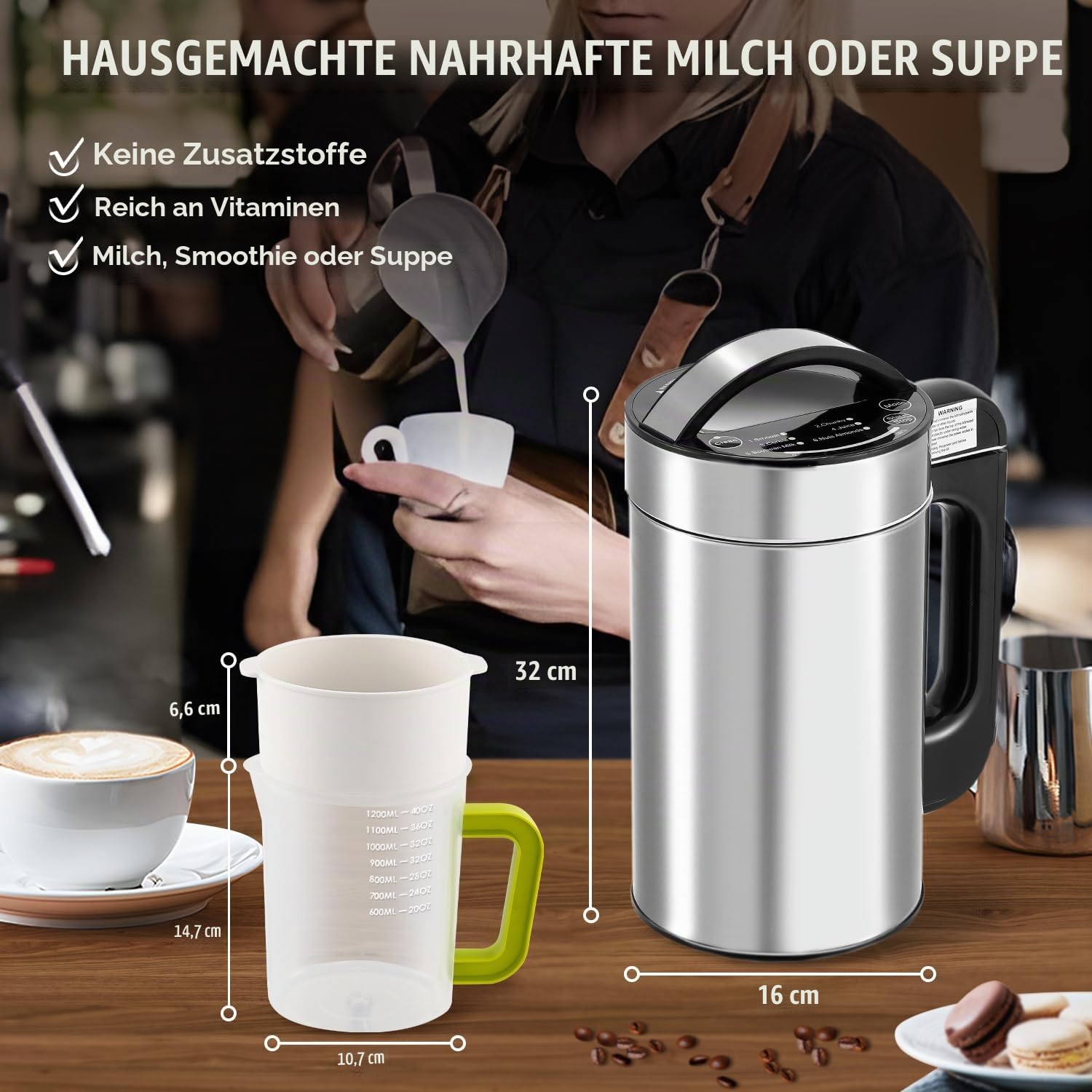 Moongiantgo Nussmilchmaschine 1l, 7-In-1 Sojamilchmaschine mit Rezept, Geeignet für Sojamilch, Mandelmilch, Vegane Milch, Hafermilch, Pflanzliche Milch, Porridge, Paste, Saft, Selbstreinigung, 220v