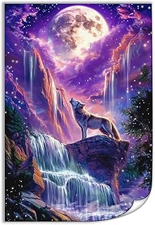 Waterfall Wildlife Wolf Canvas Wall Art Howling Poster Purple Fantasy Pictures Wall Decor Cool Animals Wolves Pictures Paintings Bedroom Bathroom Home Living Room Decor Unframed 12x18inch(30x45cm)